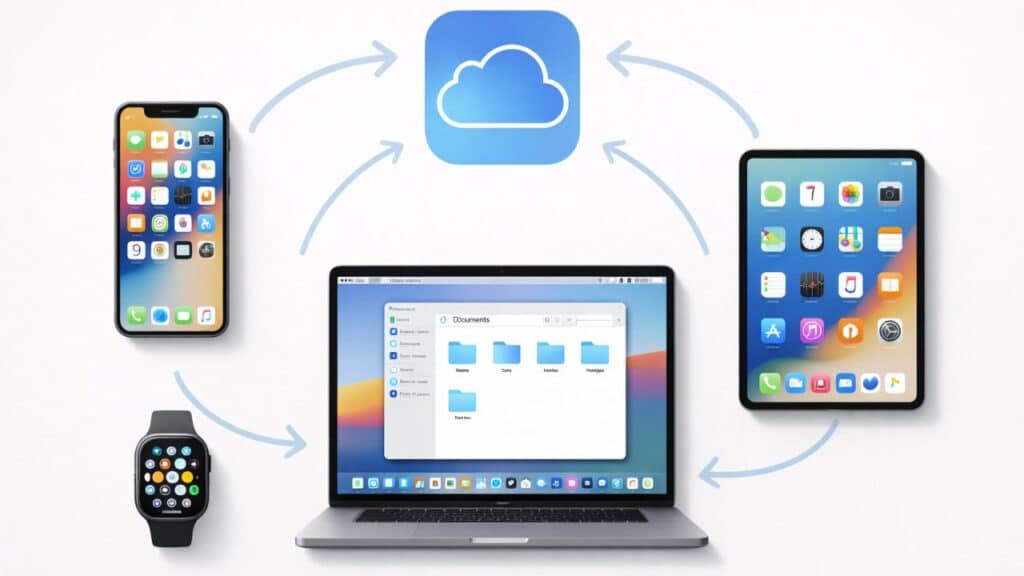 iCloud settings and Apple ecosystem devices connected together