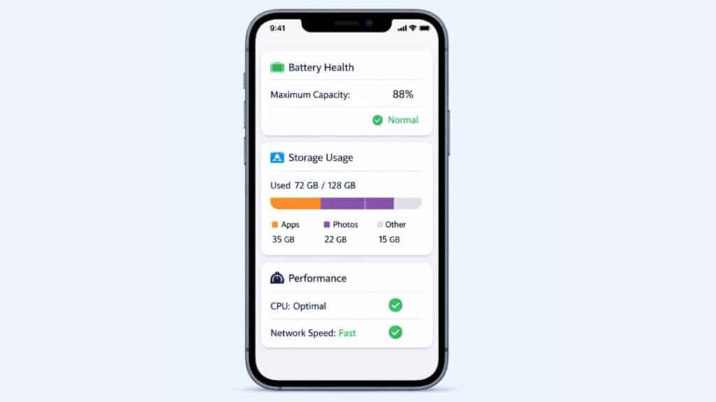 iOS battery health, performance settings, and storage usage on iPhone