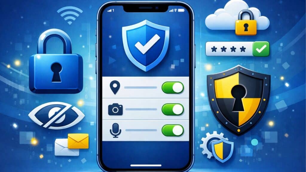 iOS privacy and security settings showing permissions and device protection