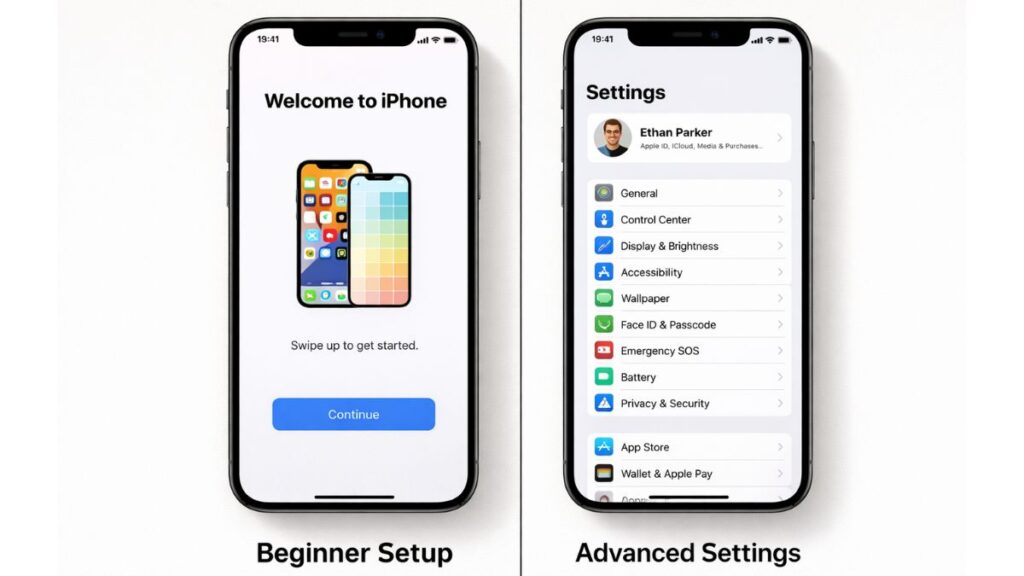 iPhone setup screen and advanced iOS settings interface