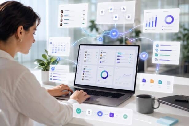 Small business owner setting up a no-code automation workflow between apps on a laptop