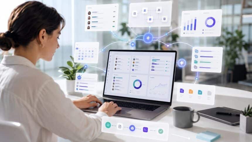 Small business owner setting up a no-code automation workflow between apps on a laptop