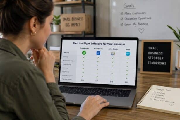 Small business owner reviewing AI and automation tool options on a laptop