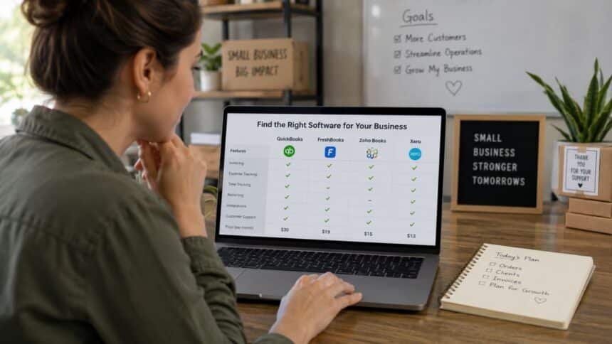 Small business owner reviewing AI and automation tool options on a laptop