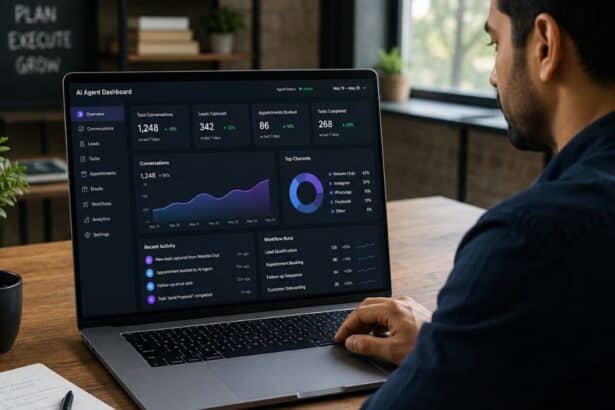 Small business owner reviewing an AI agent dashboard showing customer conversations on a laptop