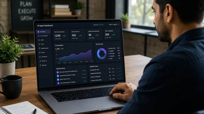 Small business owner reviewing an AI agent dashboard showing customer conversations on a laptop