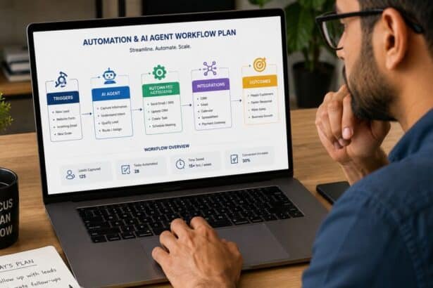 Small business owner reviewing an automation and AI agent workflow plan on a laptop