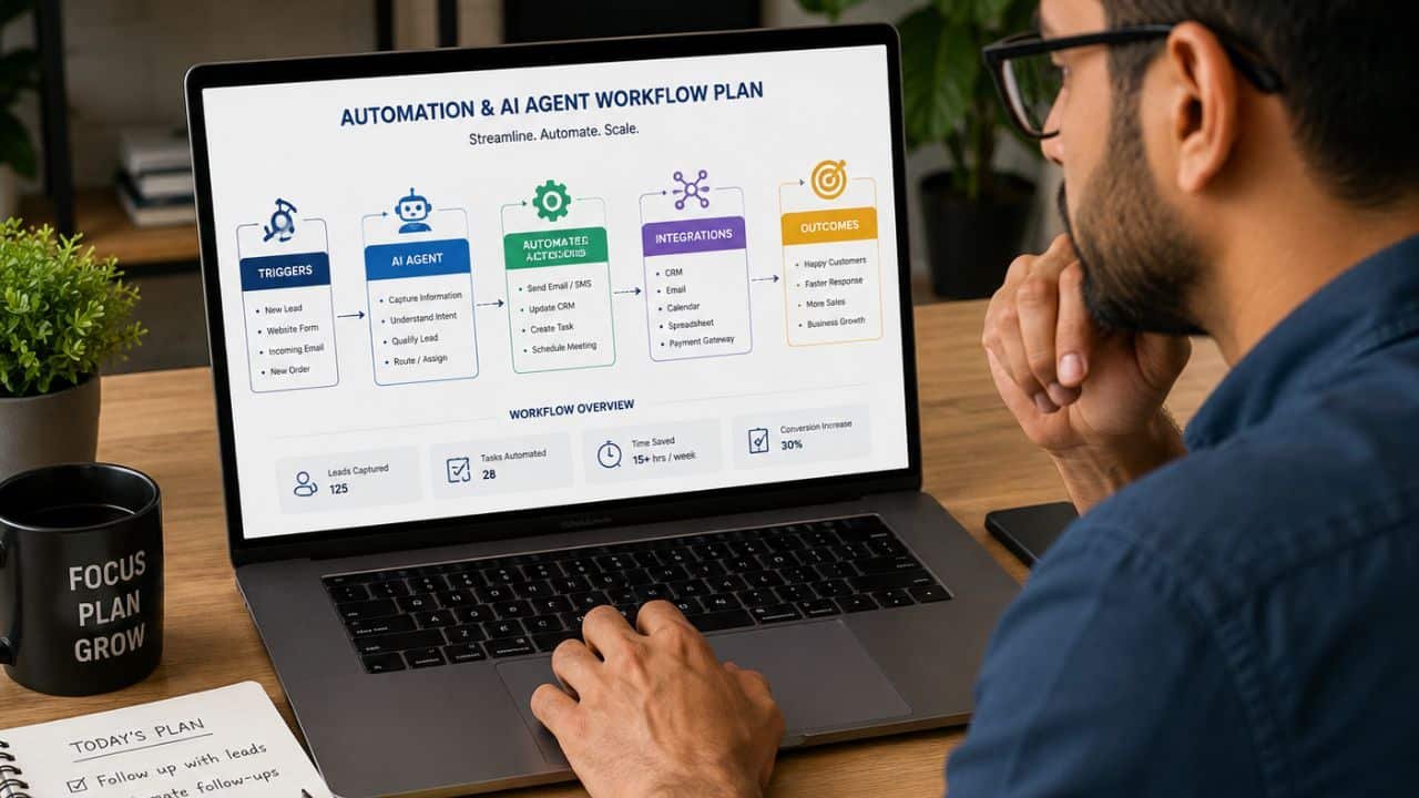 Small business owner reviewing an automation and AI agent workflow plan on a laptop
