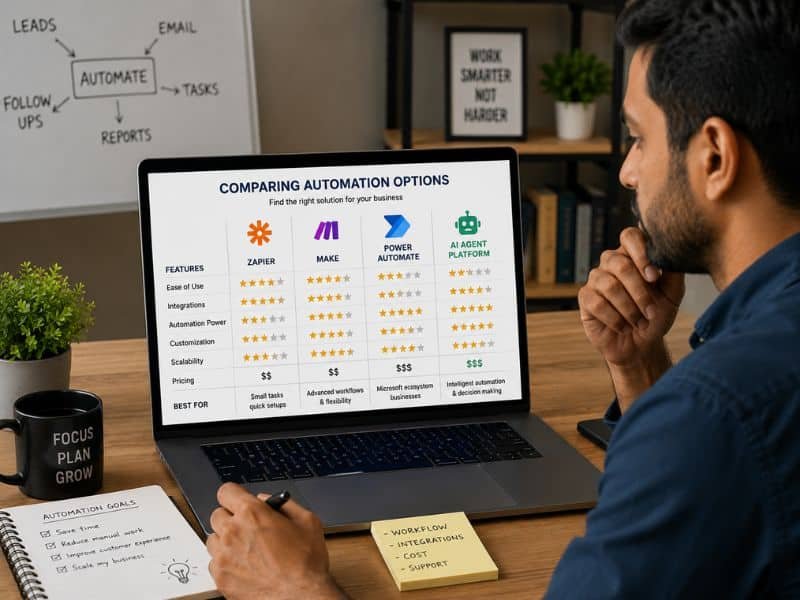 Small business owner comparing AI agent and no-code automation options